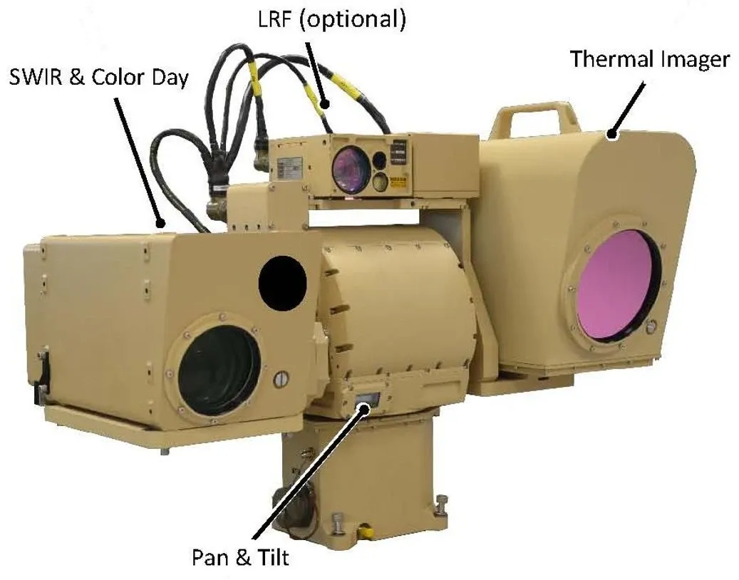 MEOS-720SW 제품 본체 — Pan&Tilt 위에 통합된 Thermal Imager, SWIR & Color Day 카메라, 선택사양 LRF 모듈